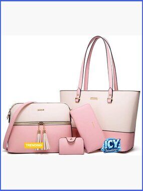 Synthetic Leather Tote Bag Set with Crossbody Bag and Wallet